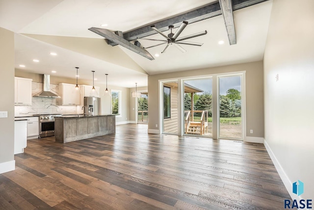 unfurnished living room featuring beamed ceiling, dark hardwood / wood-style flooring, high vaulted ceiling, and a wealth of natural light