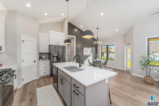 kitchen featuring sink, white cabinetry, hanging light fixtures, an island with sink, and stainless steel appliances