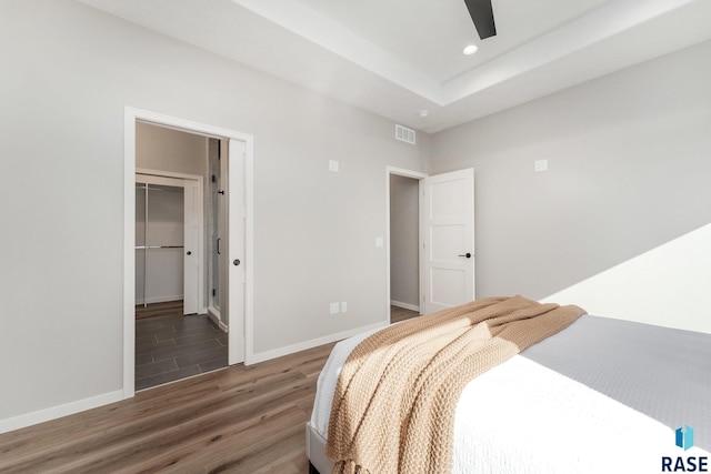 bedroom featuring a spacious closet, ceiling fan, a tray ceiling, dark wood-type flooring, and a closet