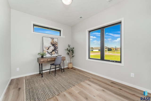 office with a healthy amount of sunlight and light wood-type flooring