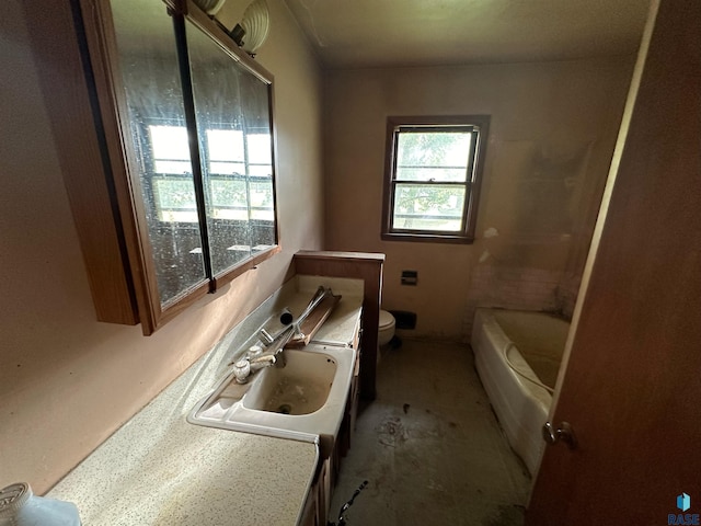 bathroom with vanity, toilet, and a bathing tub