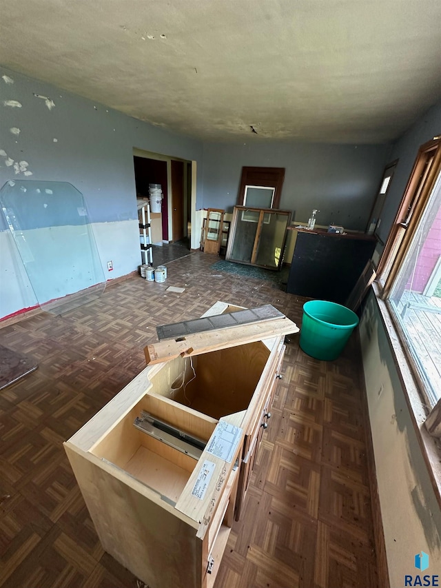 kitchen with dark parquet flooring