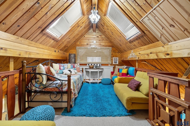 interior space featuring wood walls and lofted ceiling with skylight