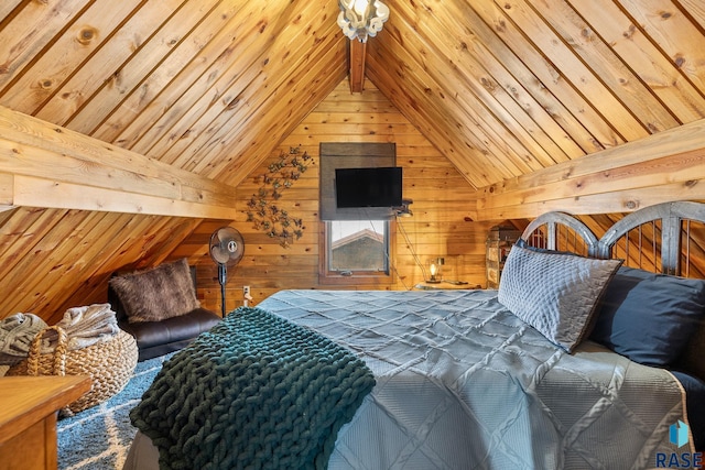 bedroom featuring lofted ceiling and wood walls