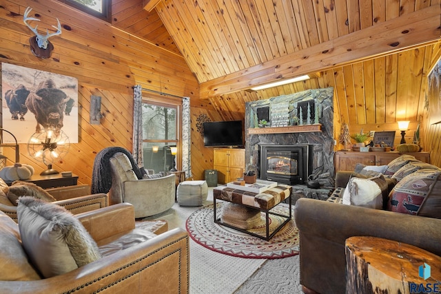 living room with wood ceiling, wooden walls, beam ceiling, high vaulted ceiling, and a fireplace