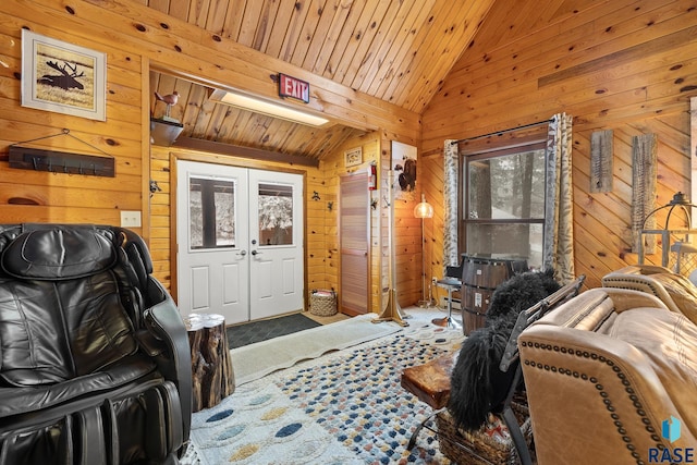 bedroom with french doors, wooden ceiling, vaulted ceiling, wooden walls, and a closet