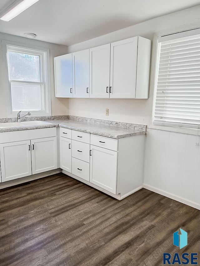 323 W Lincoln St, Luverne, MN 56156 - kitchen featuring a sink, white cabinets, light countertops, and dark wood finished floors