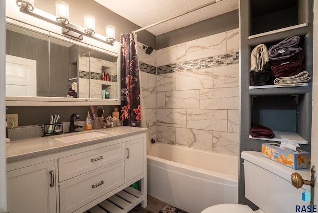 full bathroom with vanity, a textured ceiling, shower / bath combo, hardwood / wood-style floors, and toilet