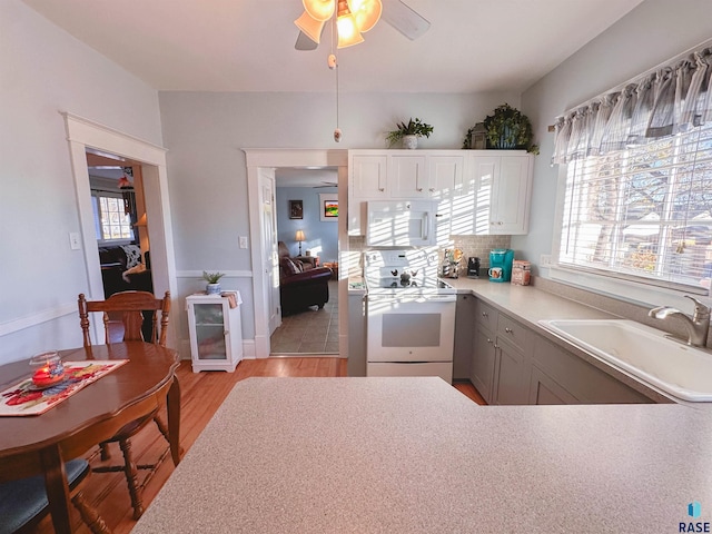 kitchen featuring sink, gray cabinetry, ceiling fan, light hardwood / wood-style flooring, and white appliances