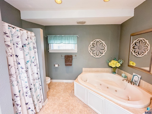 bathroom featuring toilet, a bath, and tile patterned flooring