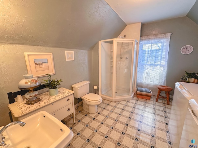 bathroom with toilet, lofted ceiling, sink, and a shower with shower door