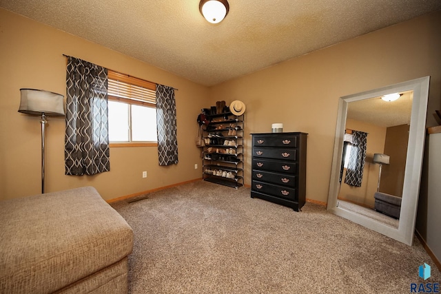 sitting room with a textured ceiling and carpet flooring