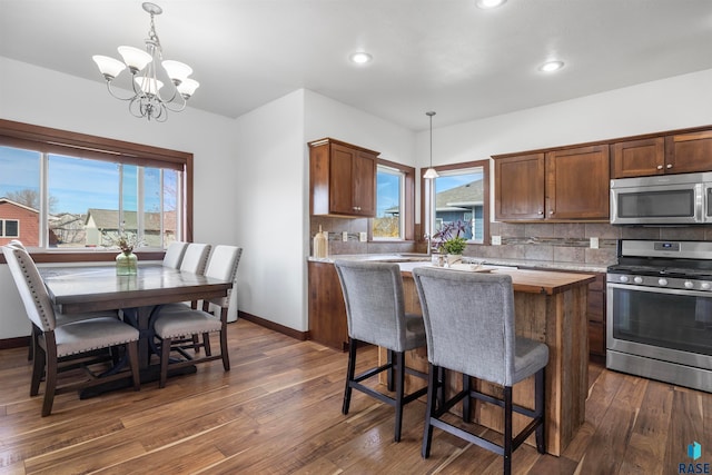 kitchen with hanging light fixtures, a healthy amount of sunlight, and stainless steel appliances