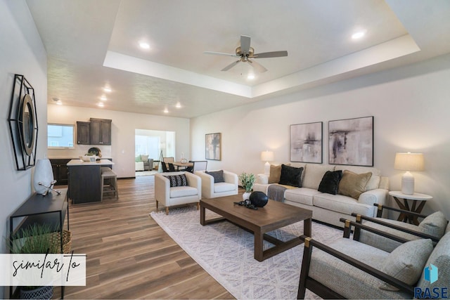 living room with a tray ceiling, hardwood / wood-style floors, and ceiling fan