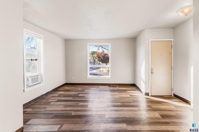 unfurnished room featuring dark wood-type flooring, a wealth of natural light, and a textured ceiling