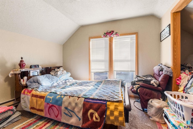 carpeted bedroom with a textured ceiling and lofted ceiling