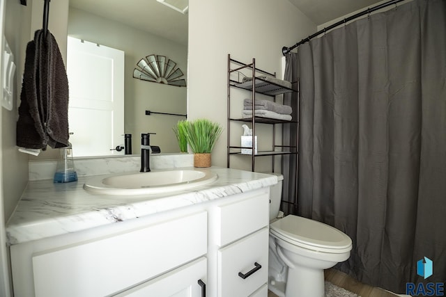 bathroom featuring toilet, vanity, and hardwood / wood-style flooring