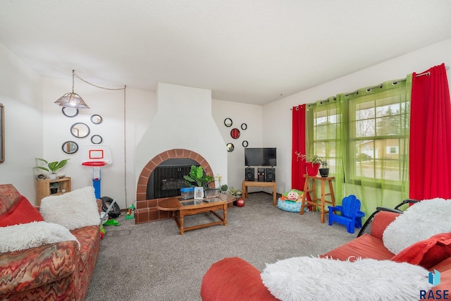 carpeted living room with a fireplace