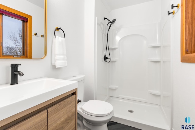 bathroom with a shower, vanity, and toilet