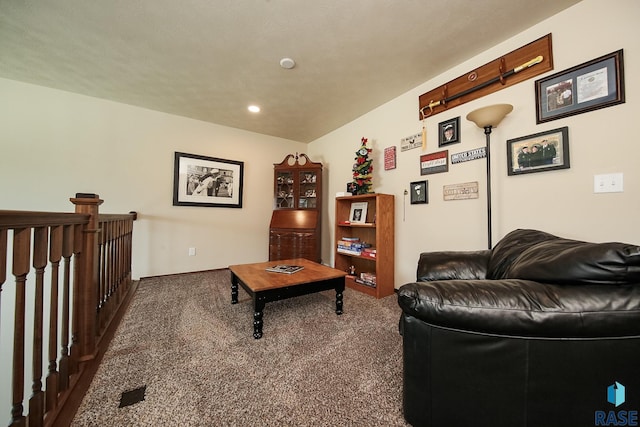 interior space featuring dark colored carpet, lofted ceiling, and a textured ceiling