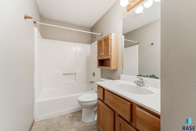 full bathroom featuring shower / tub combination, vanity, a textured ceiling, and toilet