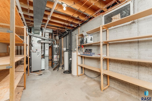 basement with heating unit and water heater