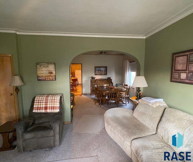 carpeted living room with ceiling fan and crown molding