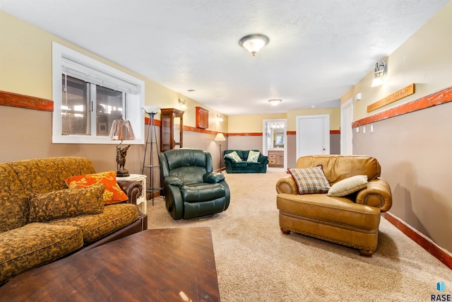 carpeted living room featuring a textured ceiling and plenty of natural light