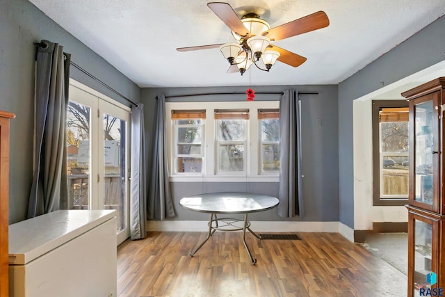 interior space featuring hardwood / wood-style floors, a textured ceiling, a wealth of natural light, and ceiling fan