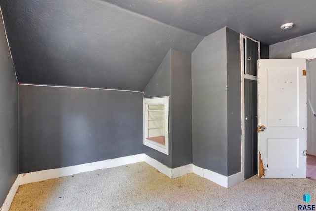 additional living space with light colored carpet, a textured ceiling, and vaulted ceiling