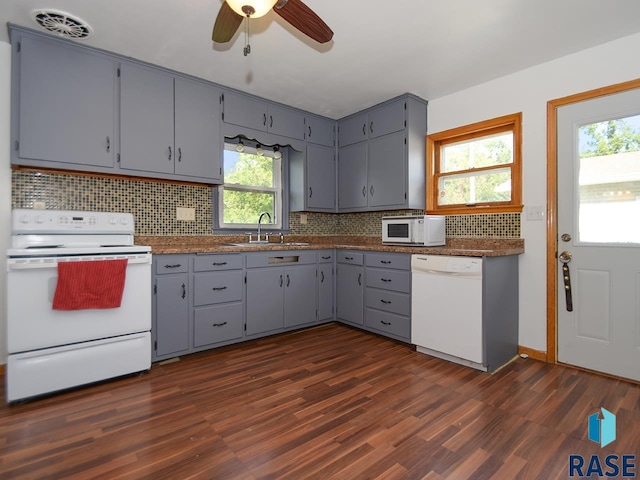 kitchen featuring gray cabinets, dark hardwood / wood-style flooring, white appliances, and a wealth of natural light