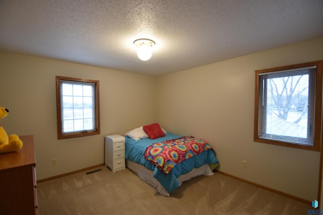 bedroom featuring a textured ceiling, light carpet, and multiple windows