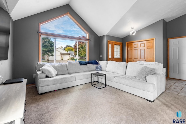 living room featuring carpet and lofted ceiling