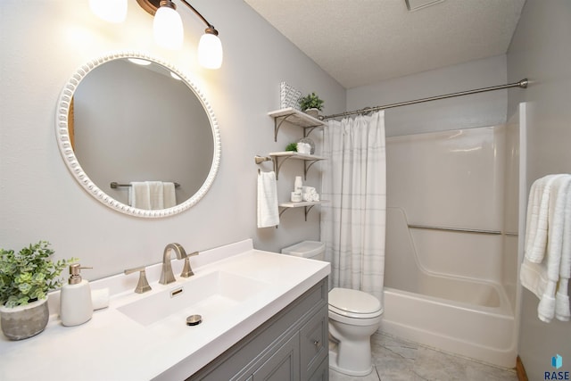 full bathroom with vanity, shower / bath combo, toilet, and a textured ceiling