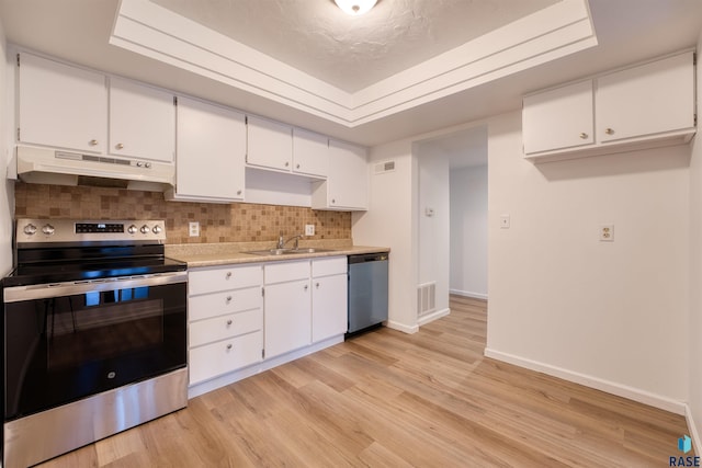 kitchen with white cabinets, light wood-type flooring, stainless steel appliances, and sink