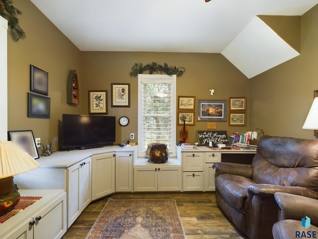 living room featuring dark hardwood / wood-style flooring and vaulted ceiling