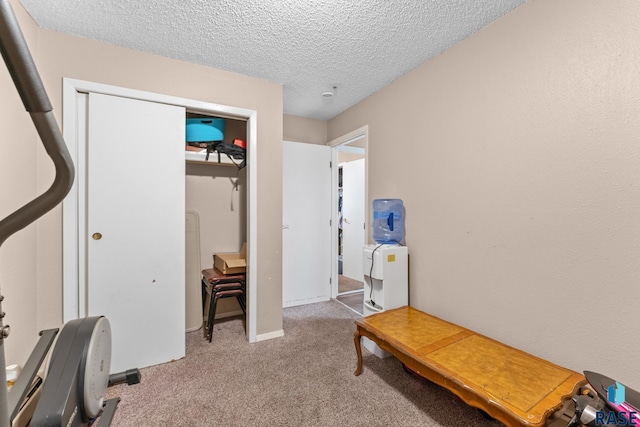 interior space with a textured ceiling and light carpet