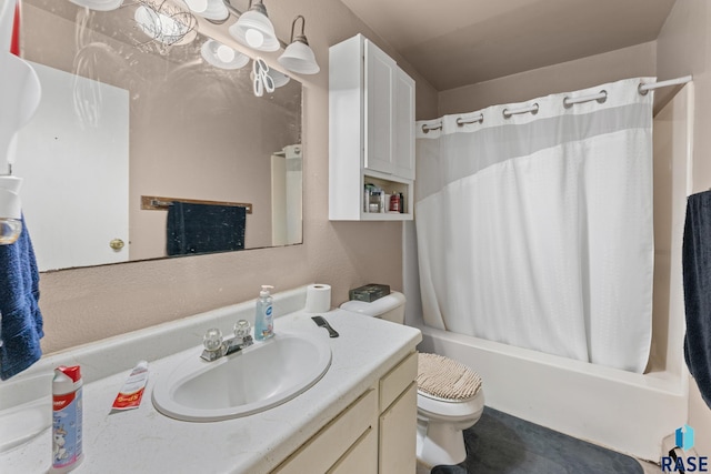 full bathroom with vanity, toilet, and shower / bathtub combination with curtain