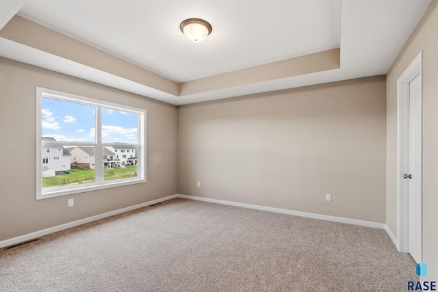 empty room with carpet and a tray ceiling