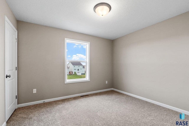 empty room with carpet flooring and a textured ceiling