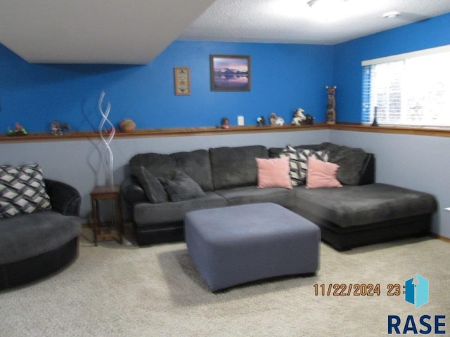 living room with carpet and a textured ceiling