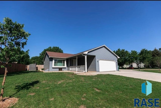 single story home with a front yard, a porch, and a garage