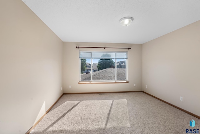 unfurnished room with light colored carpet and a textured ceiling