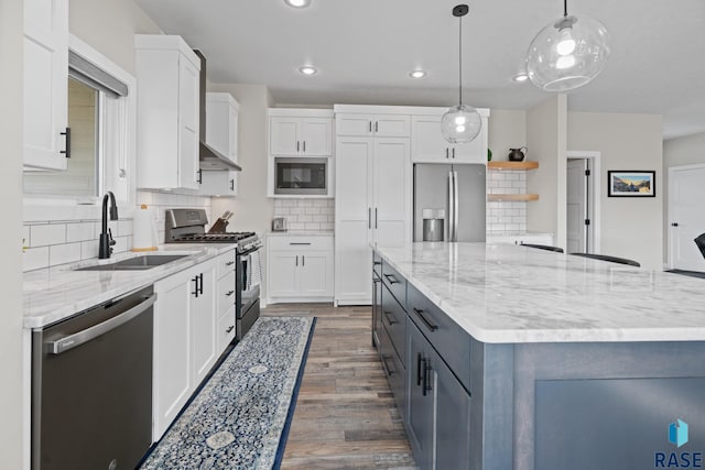 2704 S Snow Mass Ave, Sioux Falls, SD 57110 - kitchen with stainless steel appliances, a sink, white cabinets, dark wood-type flooring, and open shelves