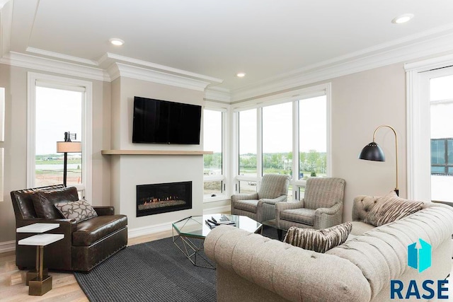 living room featuring a wealth of natural light, light hardwood / wood-style flooring, and ornamental molding