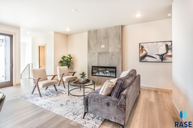 living room featuring a large fireplace and light wood-type flooring