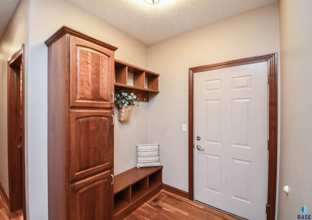 mudroom featuring a textured ceiling and dark hardwood / wood-style flooring