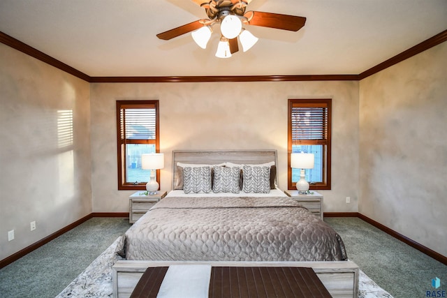 unfurnished bedroom featuring ceiling fan, carpet floors, and ornamental molding