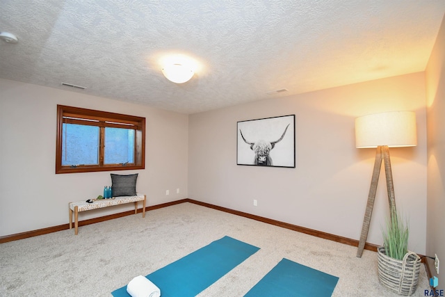 exercise room featuring light carpet and a textured ceiling