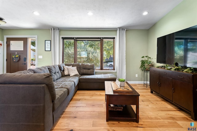 living room featuring a textured ceiling and light hardwood / wood-style flooring